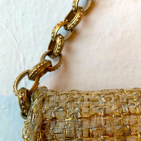 CHANEL 💛 Quilted Tweed Metallic Gold Camel Tan Byzantine Rope Chain Handle Bag - Picture 8 of 16